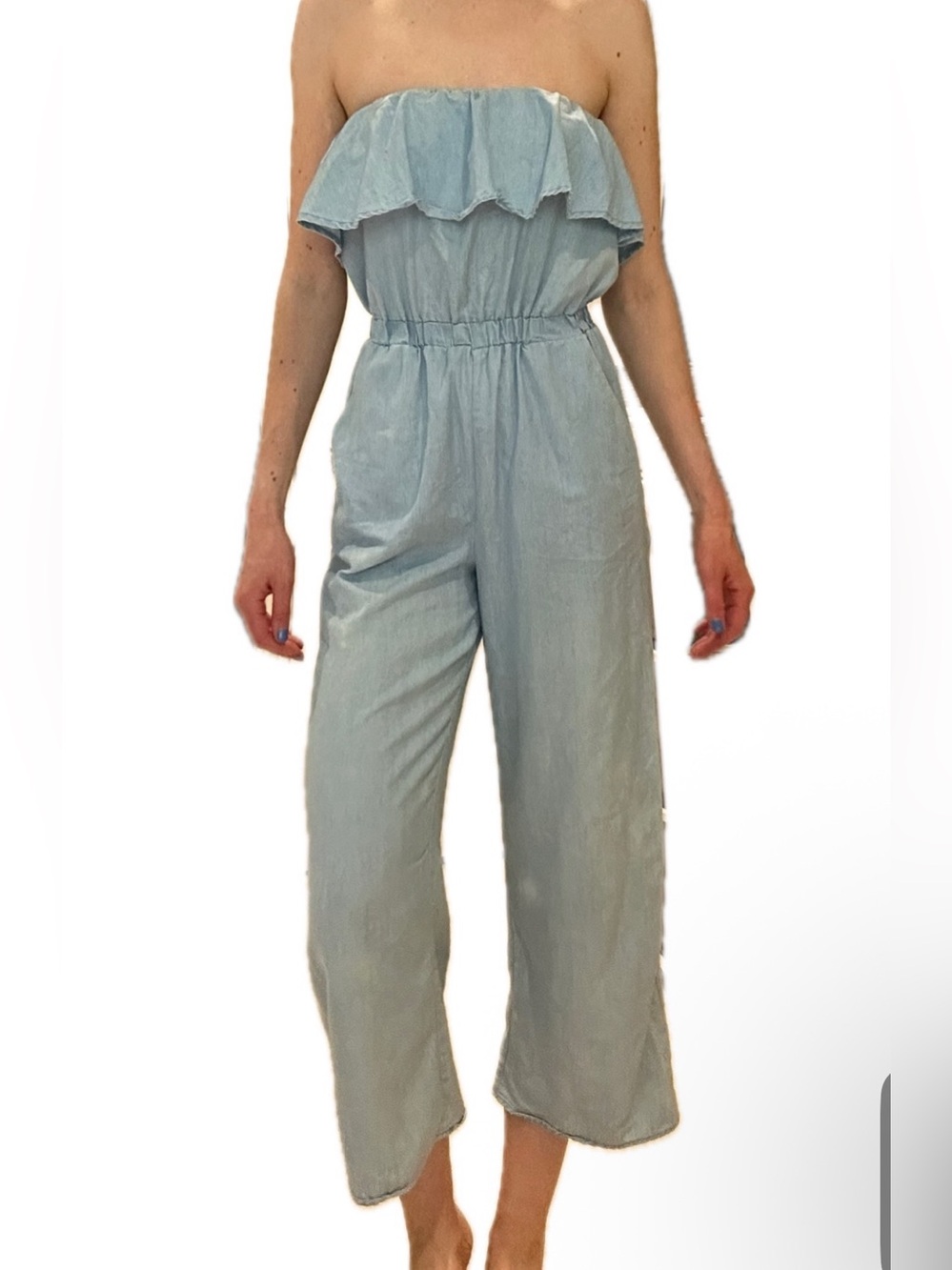 Urban Outfitters Light Blue Strapless Ruffle Jumpsuit